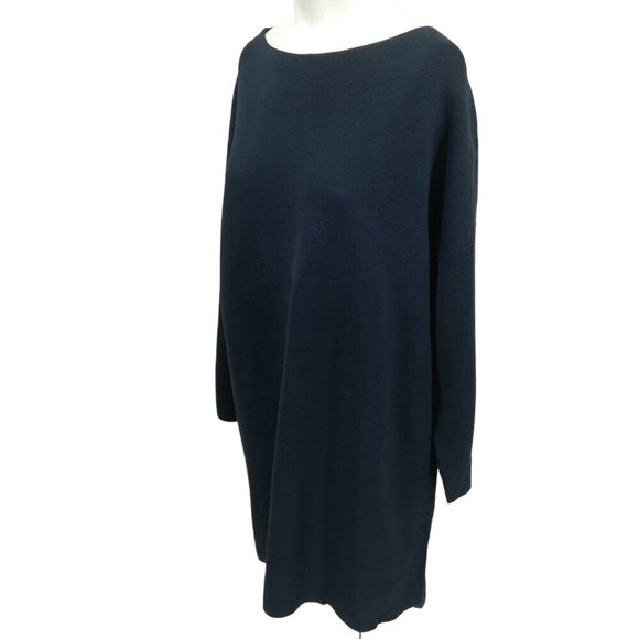 Eileen Fisher Long Sleeve Scoop Neck Silk Cotton Sweater Tunic Dress Size L Blue - Picture 7 of 12